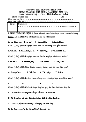 Đề kiểm tra cuối học kì II môn Công nghệ Lớp 4 - Năm học 2023-2024 - Trường Tiểu học số 2 Thanh Thủy 9 (Có đáp án + Ma trận)