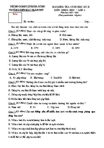 Đề kiểm tra cuối học kì II môn Khoa học 4 - Năm học 2021-2022 - Trường Tiểu học Trần Phú (Có đáp án)
