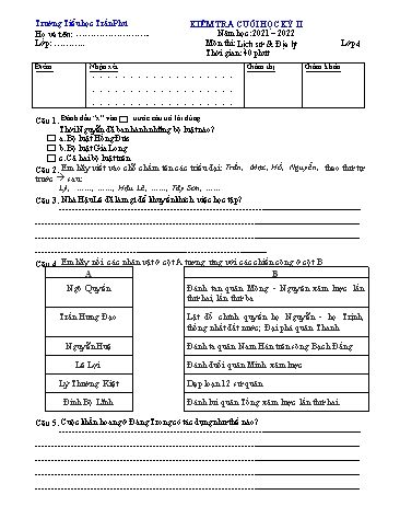 Đề kiểm tra cuối học kì II môn Lịch sử và Địa lý 4 - Năm học 2021-2022 - Trường Tiểu học Trần Phú (Có đáp án)