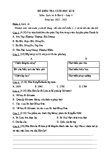 Đề kiểm tra cuối học kì II môn Lịch sử và Địa lý Lớp 4 - Năm học 2021-2022 (Có đáp án)