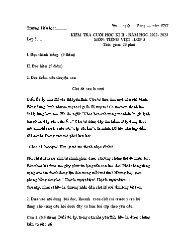 Đề kiểm tra cuối học kì II môn Tiếng Việt 3 - Năm học 2022-2023 (Có đáp án + Ma trận)