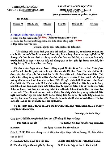 Đề kiểm tra cuối học kì II môn Tiếng Việt 4 - Năm học 2021-2022 - Trường Tiểu học Trần Phú (Có đáp án)