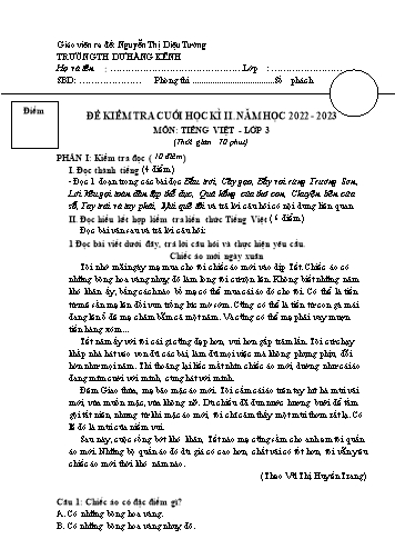 Đề kiểm tra cuối học kì II môn Tiếng Việt Lớp 3 - Năm học 2022-2023 - Trường Tiểu học Dư Hàng Kênh (Có đáp án)