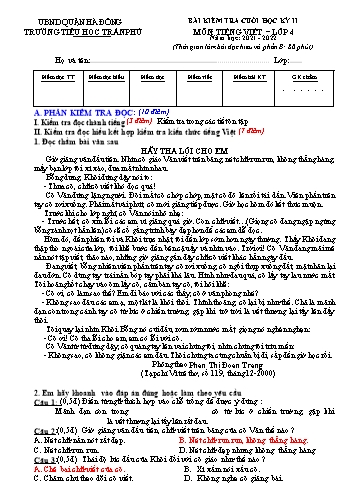 Đề kiểm tra cuối học kì II môn Tiếng Việt Lớp 4 - Năm học 2021-2022 - Trường Tiểu học Trần Phú (Có đáp án)