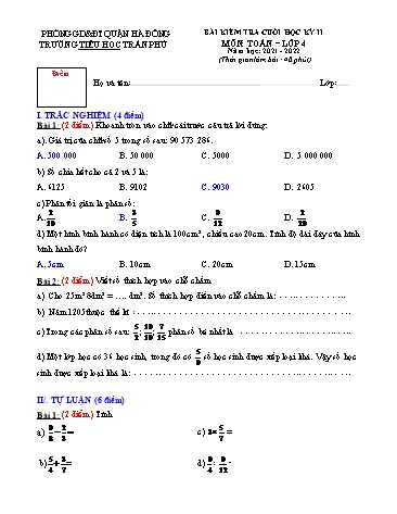 Đề kiểm tra cuối học kì II môn Toán Lớp 4 - Năm học 2021-2022 - Trường Tiểu học Trần Phú (Có đáp án)