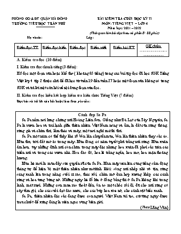 Đề kiểm tra cuối học kì II Tiếng Việt Lớp 4 - Năm học 2021-2022 - Trường Tiểu học Trần Phú (Có đáp án)