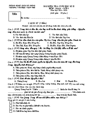 Đề kiểm tra cuối học kì II Toán Lớp 4 - Năm học 2021-2022 - Trường Tiểu học Trần Phú (Có đáp án)
