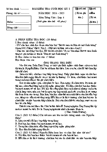 Đề kiểm tra cuối học kỳ I môn Tiếng Việt Lớp 4 - Năm học 2024-2025 (Có đáp án)