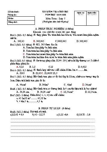 Đề kiểm tra cuối học kỳ I môn Toán 5 - Năm học 2024-2025 (Có đáp án)