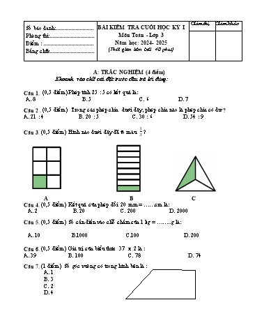 Đề kiểm tra cuối học kỳ I môn Toán + Tiếng Việt 3 - Năm học 2024-2025 (Có đáp án)