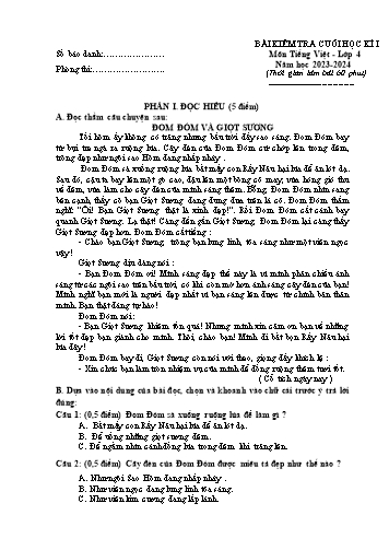 Đề kiểm tra cuối học kỳ I Tiếng Việt 4 - Năm học 2023-2024 (Có đáp án)