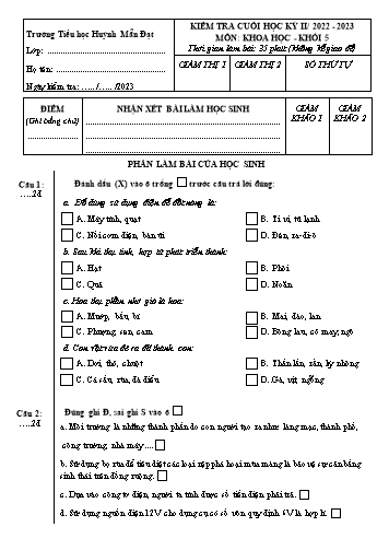 Đề kiểm tra cuối học kỳ II môn Khoa học 5 - Năm học 2022-2023 - Trường Tiểu học Huỳnh Mẫn Đạt (Có đáp án + Ma trận)