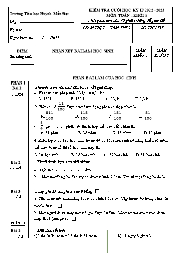 Đề kiểm tra cuối học kỳ II môn Toán 5 - Năm học 2022-2023 - Trường Tiểu học Huỳnh Mẫn Đạt (Có đáp án + Ma trận)