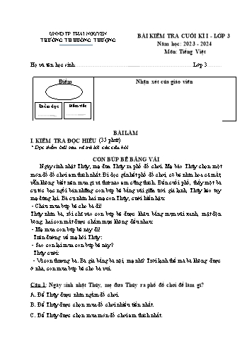 Đề kiểm tra cuối kì I môn Tiếng Việt Lớp 3 - Năm học 2023-2024 - Trường Tiểu học Hướng Thượng (Có đáp án)