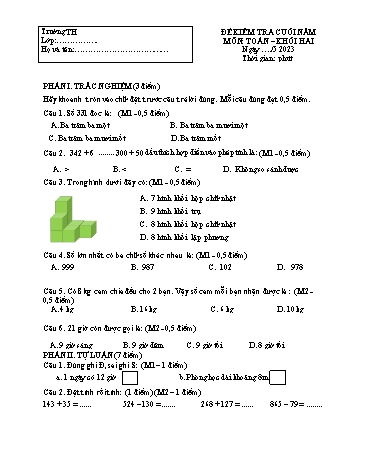 Đề kiểm tra cuối năm môn Toán 2 (Có đáp án + Ma trận)