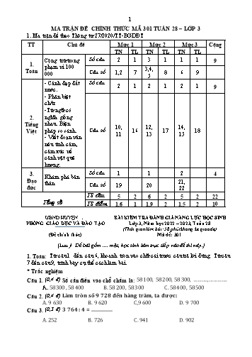 Đề kiểm tra đánh giá năng lực học sinh môn Toán + Tiếng Việt Lớp 3 - Năm học 2022-2023 (Có đáp án + Ma trận)