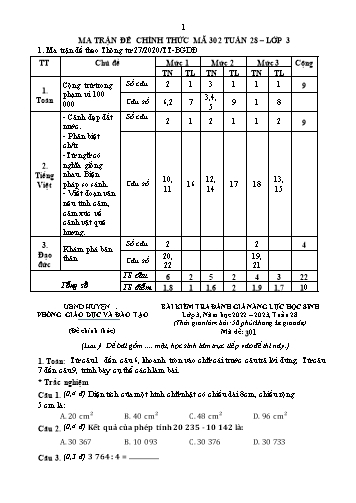 Đề kiểm tra đánh giá năng lực học sinh môn Toán và môn Tiếng Việt Lớp 3 - Năm học 2022-2023 (Có đáp án + Ma trận)