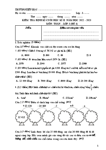 Đề kiểm tra định kì cuối học kì 2 môn Toán 3 - Năm học 2022-2023