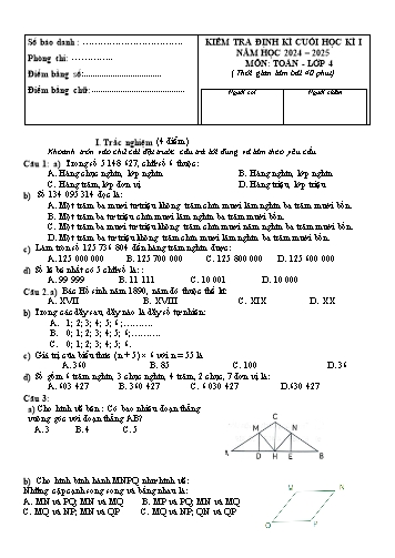 Đề kiểm tra định kì cuối học kì I môn Toán Lớp 4 - Năm học 2024-2025 (Có đáp án)