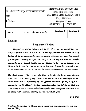 Đề kiểm tra định kì cuối học kì II môn Tiếng Việt Lớp 3 - Năm học 2022-2023 - Trường Tiểu học Hiệp Bình Phước (Có đáp án)