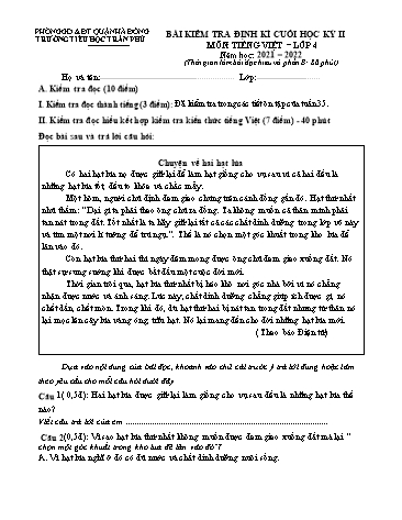 Đề kiểm tra định kì cuối học kì II môn Tiếng Việt Lớp 4 - Năm học 2021-2022 - Trường Tiểu học Trần Phú (Có đáp án)