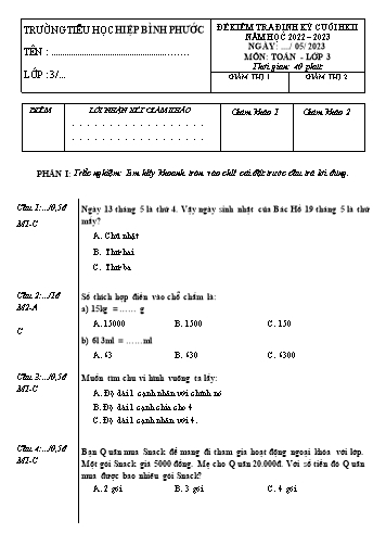 Đề kiểm tra định kì cuối học kì II môn Toán Lớp 3 - Năm học 2022-2023 - Trường Tiểu học Hiệp Bình Phước (Có đáp án)