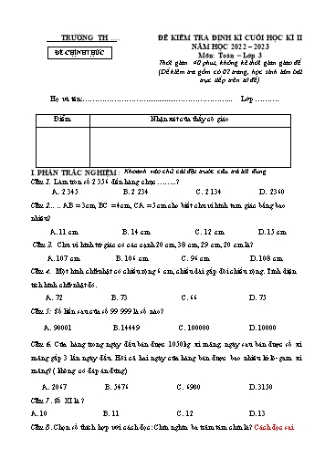 Đề kiểm tra định kì cuối học kì II môn Toán Lớp 3 Sách Kết nối tri thức - Năm học 2022-2023 (Có đáp án)
