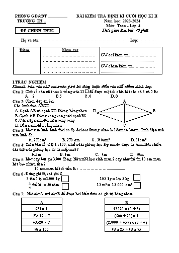 Đề kiểm tra định kì cuối học kì II môn Toán Lớp 4 - Năm học 2023-2024 (Có đáp án + Ma trân)