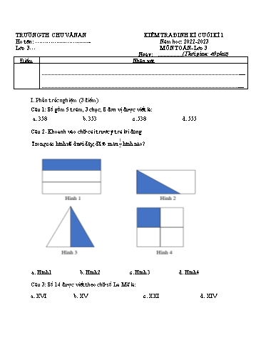 Đề kiểm tra định kì cuối kì I môn Toán 3 - Năm học 2022-2023 - Trường Tiểu học Chu Văn An (Có đáp án)