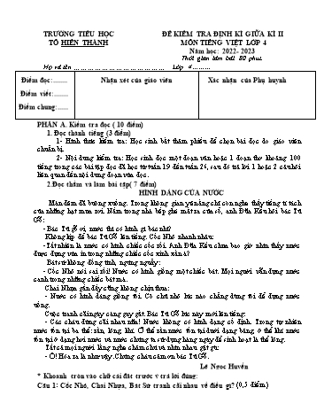 Đề kiểm tra định kì giữa học kì II môn Tiếng Việt 4 - Năm học 2022-2023 - Trường Tiểu học Tô Hiến Thành (Có đáp án)
