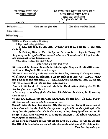Đề kiểm tra định kì giữa học kì II môn Tiếng Việt Lớp 4 - Năm học 2022-2023 - Trường Tiểu học Tô Hiến Thành (Có đáp án)