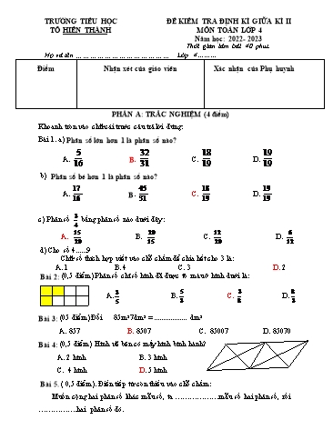 Đề kiểm tra định kì giữa học kì II môn Toán Lớp 4 - Năm học 2022-2023 - Trường Tiểu học Tô Hiến Thành (Có đáp án)