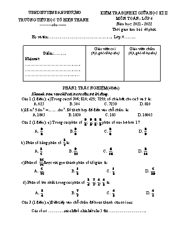 Đề kiểm tra định kì giữa học kì II môn Toán Lớp 4 -Năm học 2021-2022 - Trường Tiểu học Tô Hiến Thành (Có đáp án)