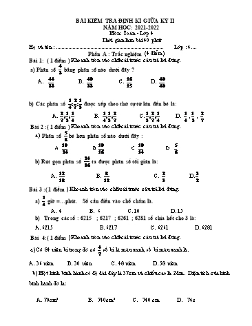Đề kiểm tra định kì giữa kì II môn Toán Lớp 4 - Năm học 2021-2022 (Có đáp án)