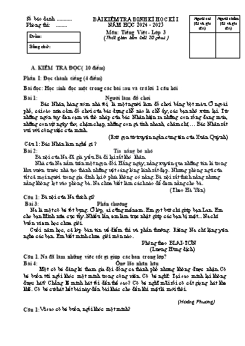 Đề kiểm tra định kì học kì I môn Tiếng Việt 3 - Năm học 2024-2025 (Có đáp án)