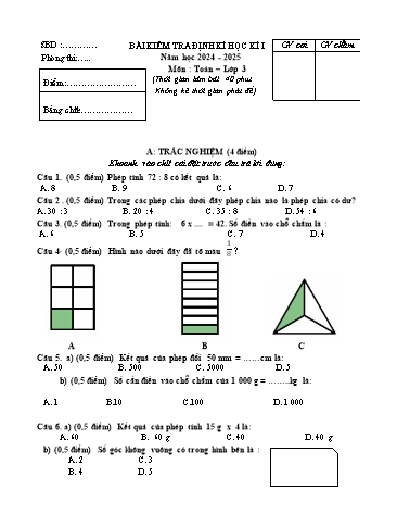 Đề kiểm tra định kì học kì I môn Toán 3 - Năm học 2024-2025 (Có đáp án)