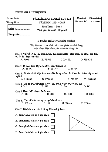 Đề kiểm tra định kì học kì I môn Toán 4 - Năm học 2024-2025 - Trường Tiểu học Hiệp Hòa (Có đáp án)
