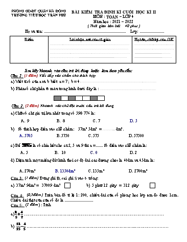 Đề kiểm tra định kỳ cuối học kì II môn Toán 4 - Năm học 2021-2022 - Trường Tiểu học Trần Phú (Có đáp án)