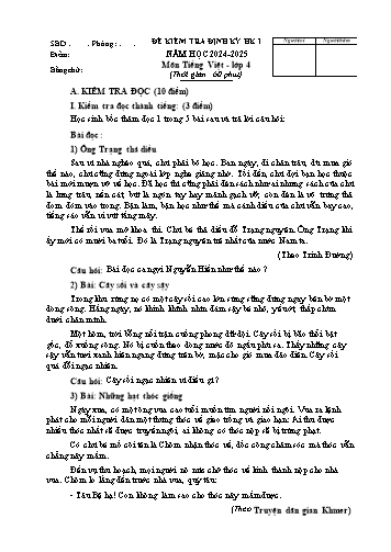Đề kiểm tra định kỳ học kì I môn Tiếng Việt Lớp 4 - Năm học 2021-2022 (Có đáp án)