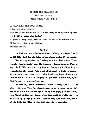 Đề kiểm tra giữa học kì 2 môn Tiếng Việt 4 (Có đáp án)