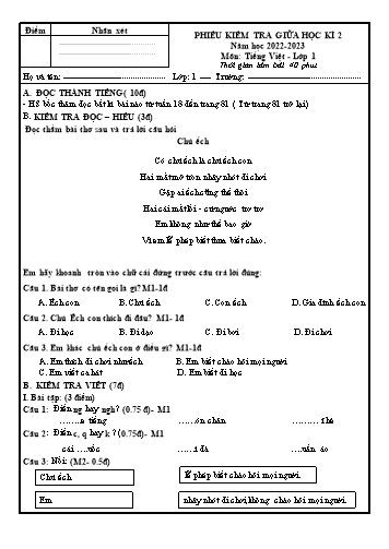 Đề kiểm tra giữa học kì 2 môn Tiếng Việt Lớp 1 - Năm học 2022-2023