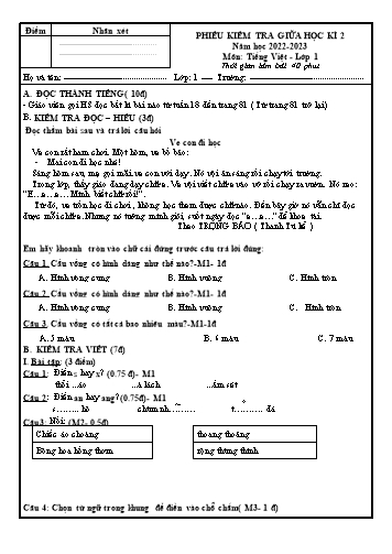 Đề kiểm tra giữa học kì 2 môn Tiếng Việt Lớp 1 - Năm học 2022-2023 (Có đáp án + Ma trận)