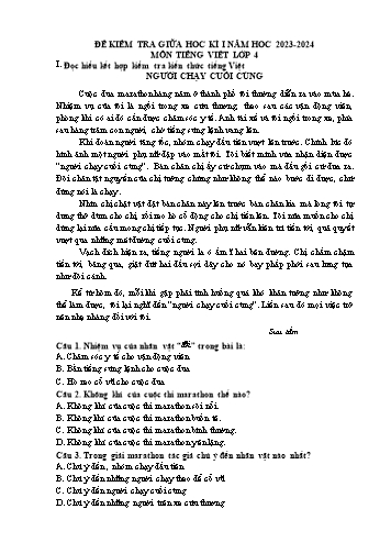Đề kiểm tra giữa học kì I môn Tiếng Việt Lớp 4 - Năm học 2023-2024 (Có đáp án)