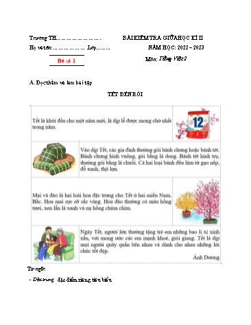 Đề kiểm tra giữa học kì II môn Tiếng Việt 2 (Có đáp án)