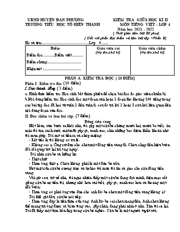 Đề kiểm tra giữa học kì II môn Tiếng Việt 4 - Năm học 2021-2022 - Trường Tiểu học Tô Hiến Thành (Có đáp án)