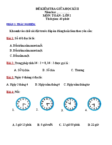 Đề kiểm tra giữa học kì II môn Toán Lớp 2 (Có đáp án + Ma trận)