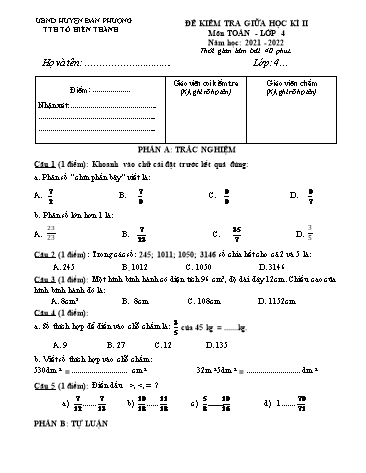 Đề kiểm tra giữa học kì II môn Toán Lớp 4 - Năm học 2021-2022 - Trường Tiểu học Tô Hiến Thành (Có đáp án)