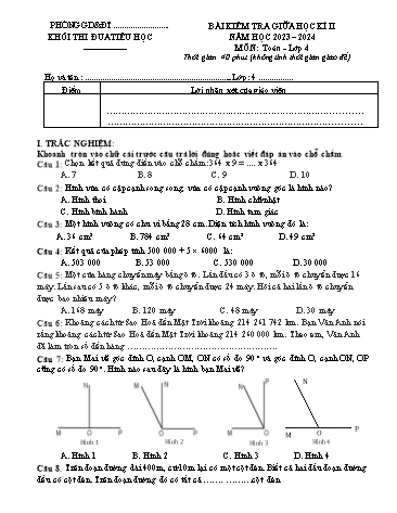 Đề kiểm tra giữa học kì II môn Toán Lớp 4 - Năm học 2023-2024 -Khối thi đua Tiểu học (Có đáp án)