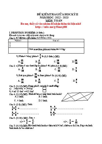 Đề kiểm tra giữa học kì II môn Toán + Tiếng Việt 4 - Năm học 2022-2023 (Có đáp án + Ma trận)