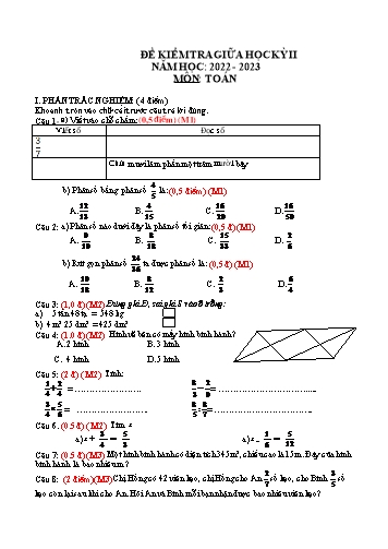 Đề kiểm tra giữa học kì II môn Toán + Tiếng Việt Lớp 4 - Năm học 2022-2023 (Có đáp án + Ma trận)